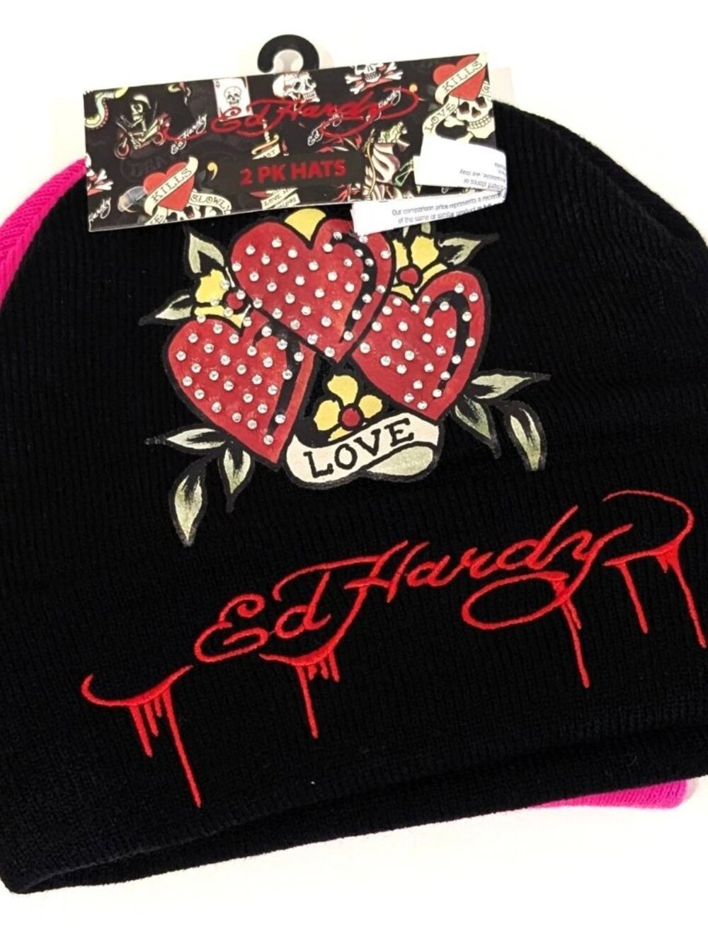 Ed Hardy Womens Rhinestone Graphic Knit Beanie 2 Pack Black Hot Pink NWT